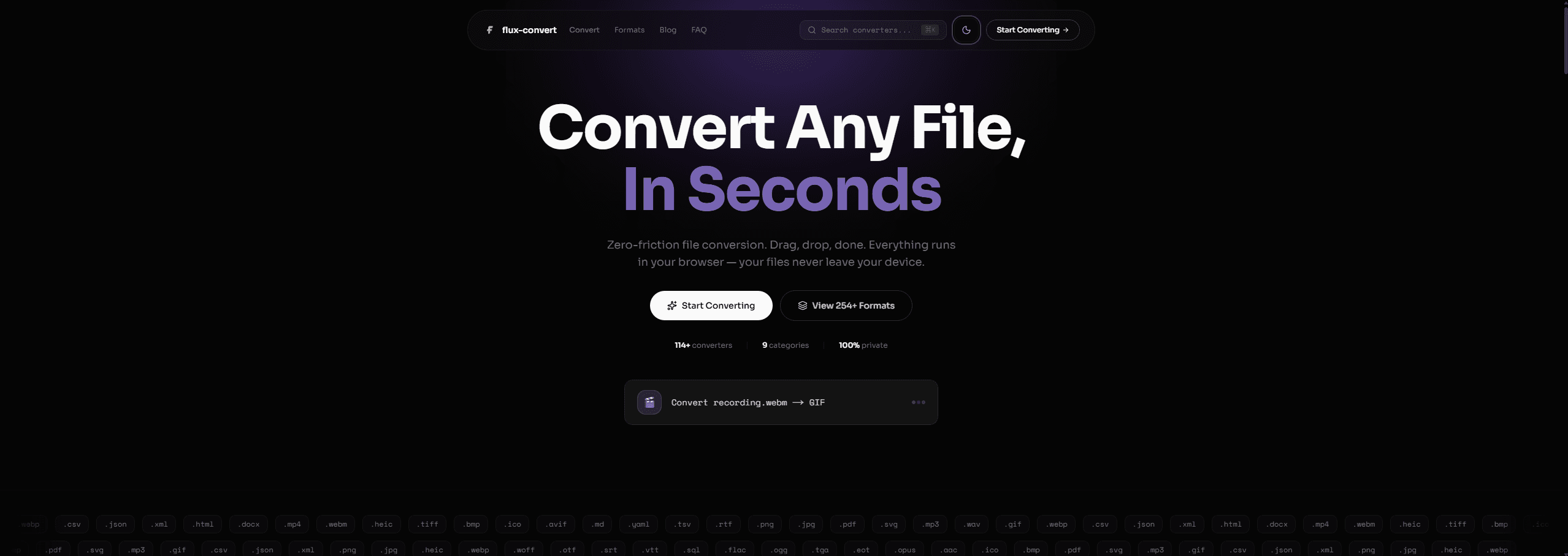 Flux Convert landing page in dark mode showcasing the file conversion interface with supported format categories.