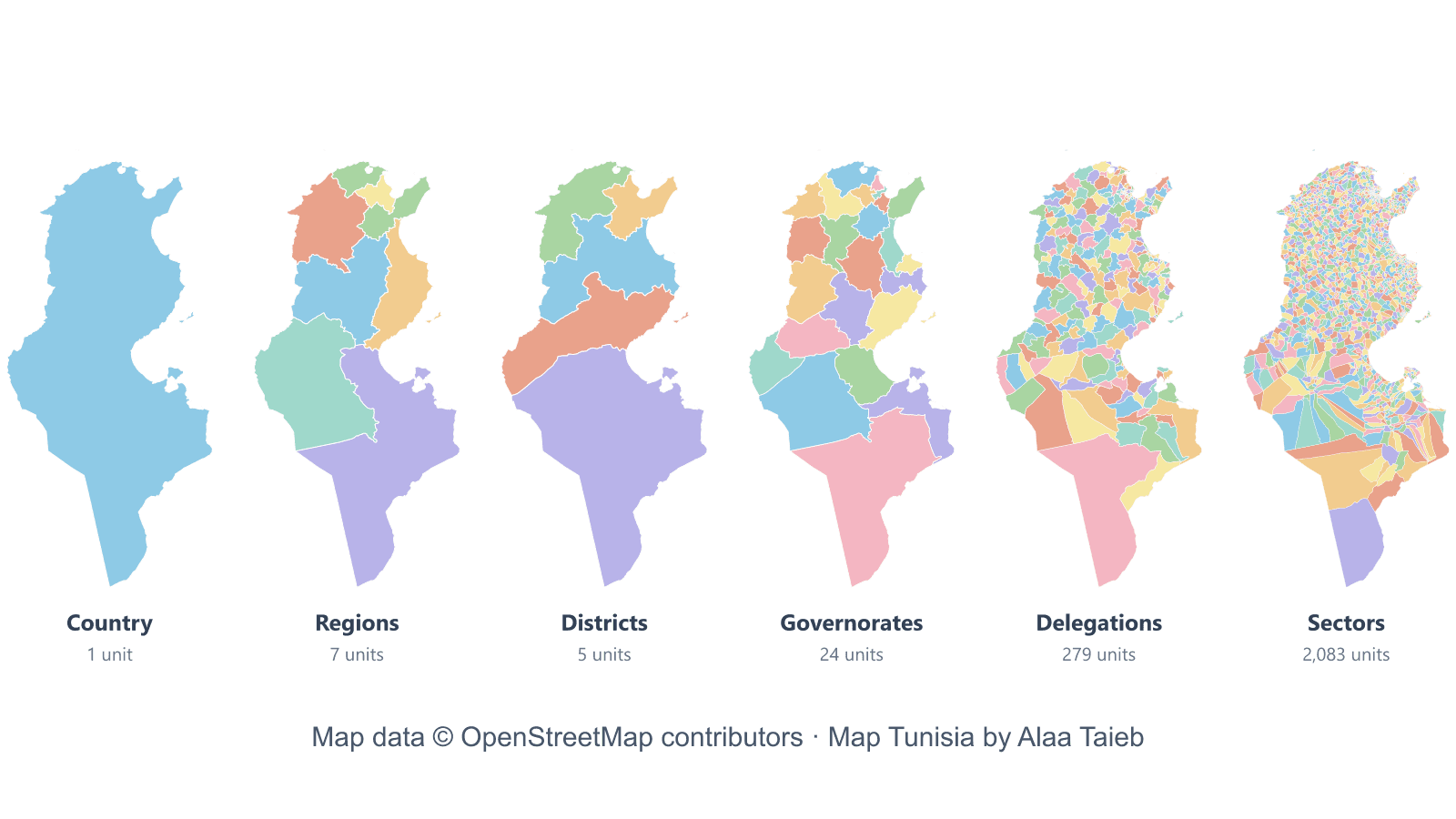 Six maps of Tunisia showing the country outline, seven economic regions, five districts, 24 governorates, 279 delegations, and 2,083 sectors.