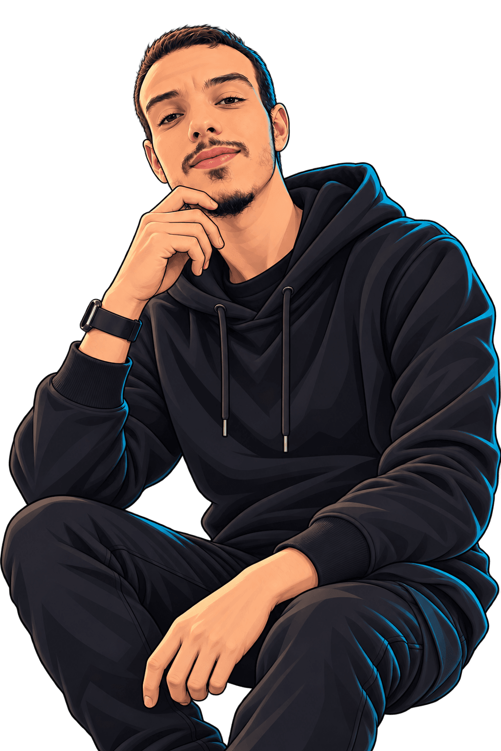Cartoon portrait of Alaa in a black hoodie, seated with a thoughtful, approachable expression