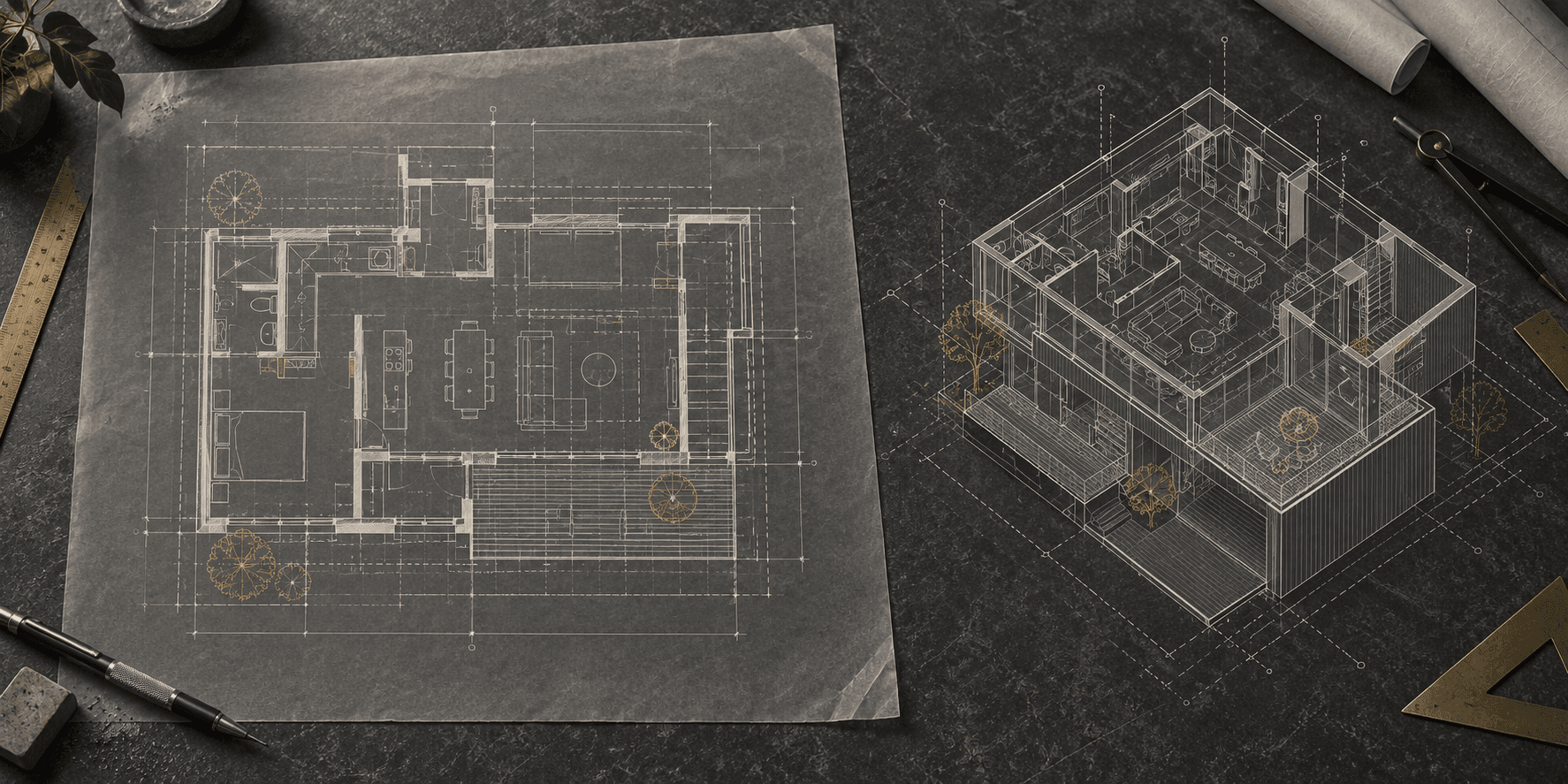 An architectural floor plan on drafting paper beside a separate isometric wireframe building model, presented as an editorial illustration rather than a software screenshot.
