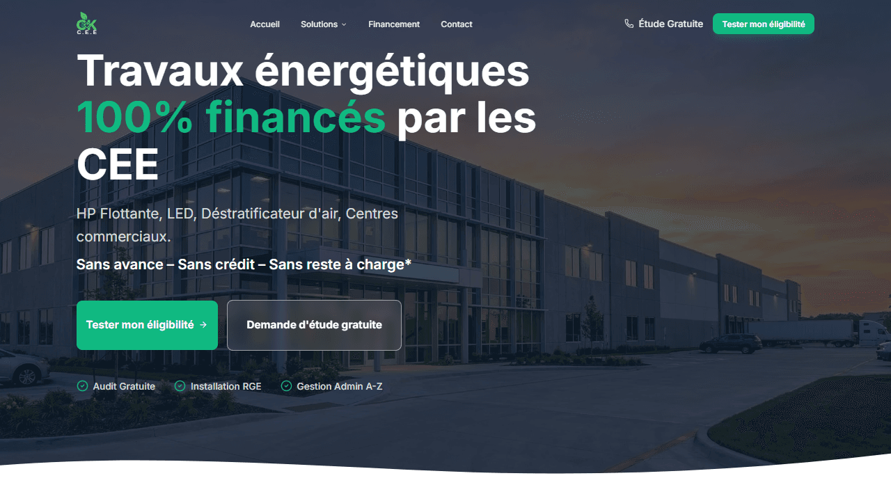 CK-CEE homepage hero with a commercial building background, the headline about CEE-funded energy work, and links to the eligibility estimator and free study request.
