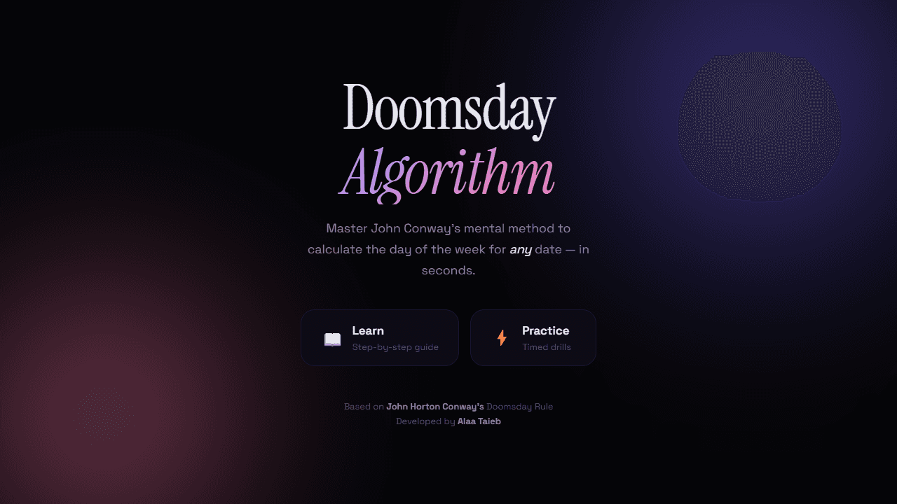 Doomsday Algorithm home screen with Learn and Practice buttons on a dark purple gradient.
