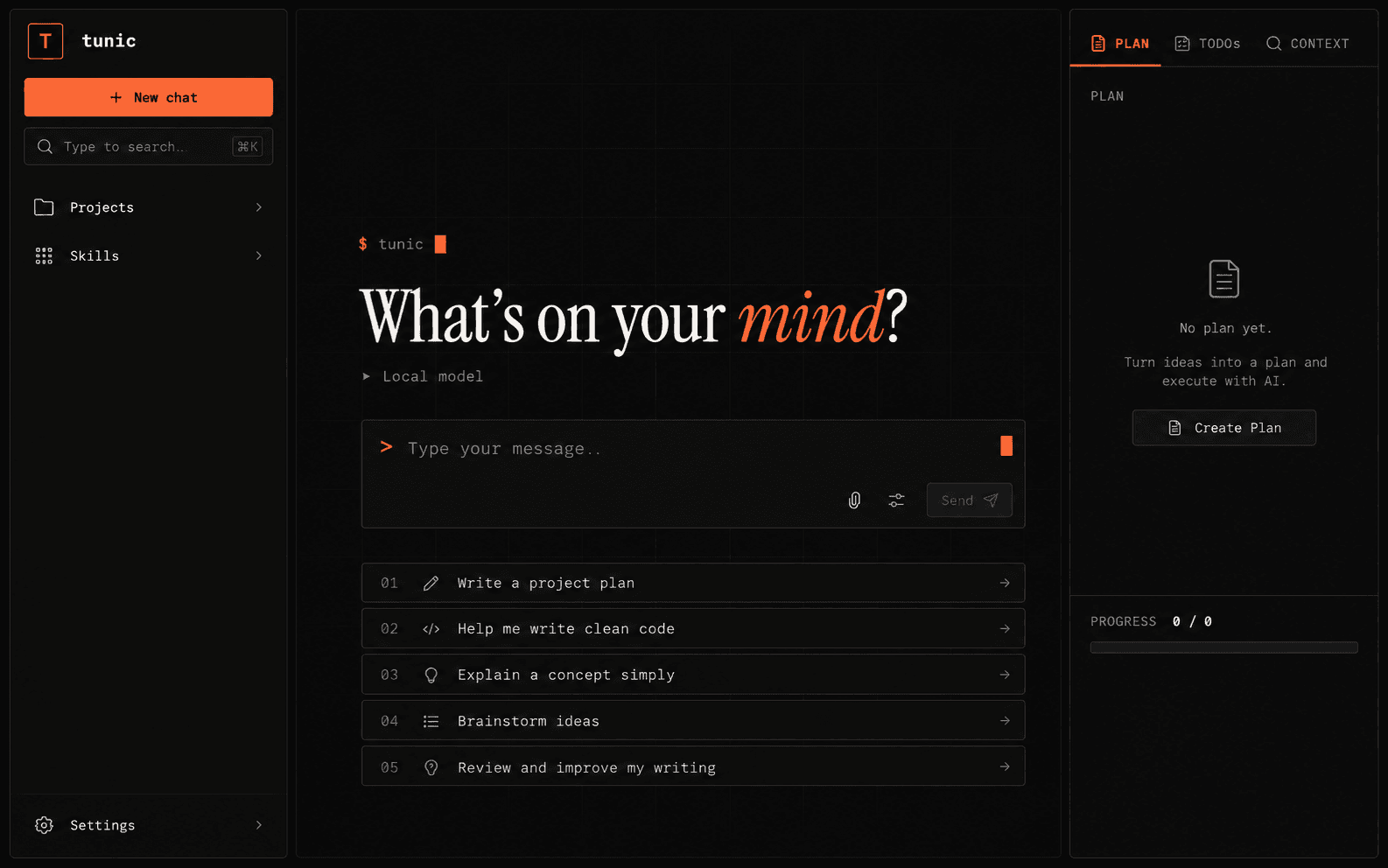 AI-generated illustration of Tunic Desktop's dark workspace, with a left navigation rail, central chat composer, and right-side planning panel in charcoal, orange, and cyan. It represents the interface but is not a literal screenshot.