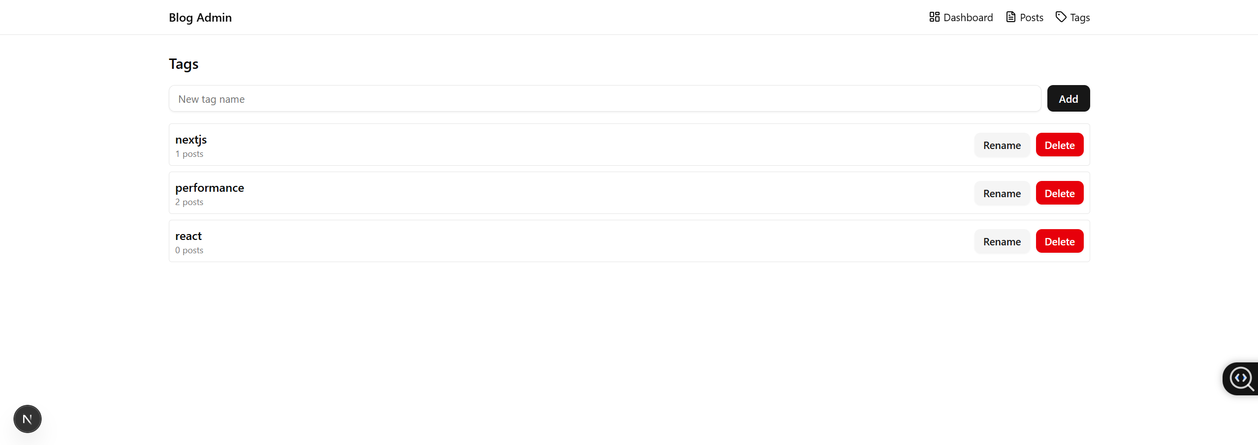 Tags management interface
