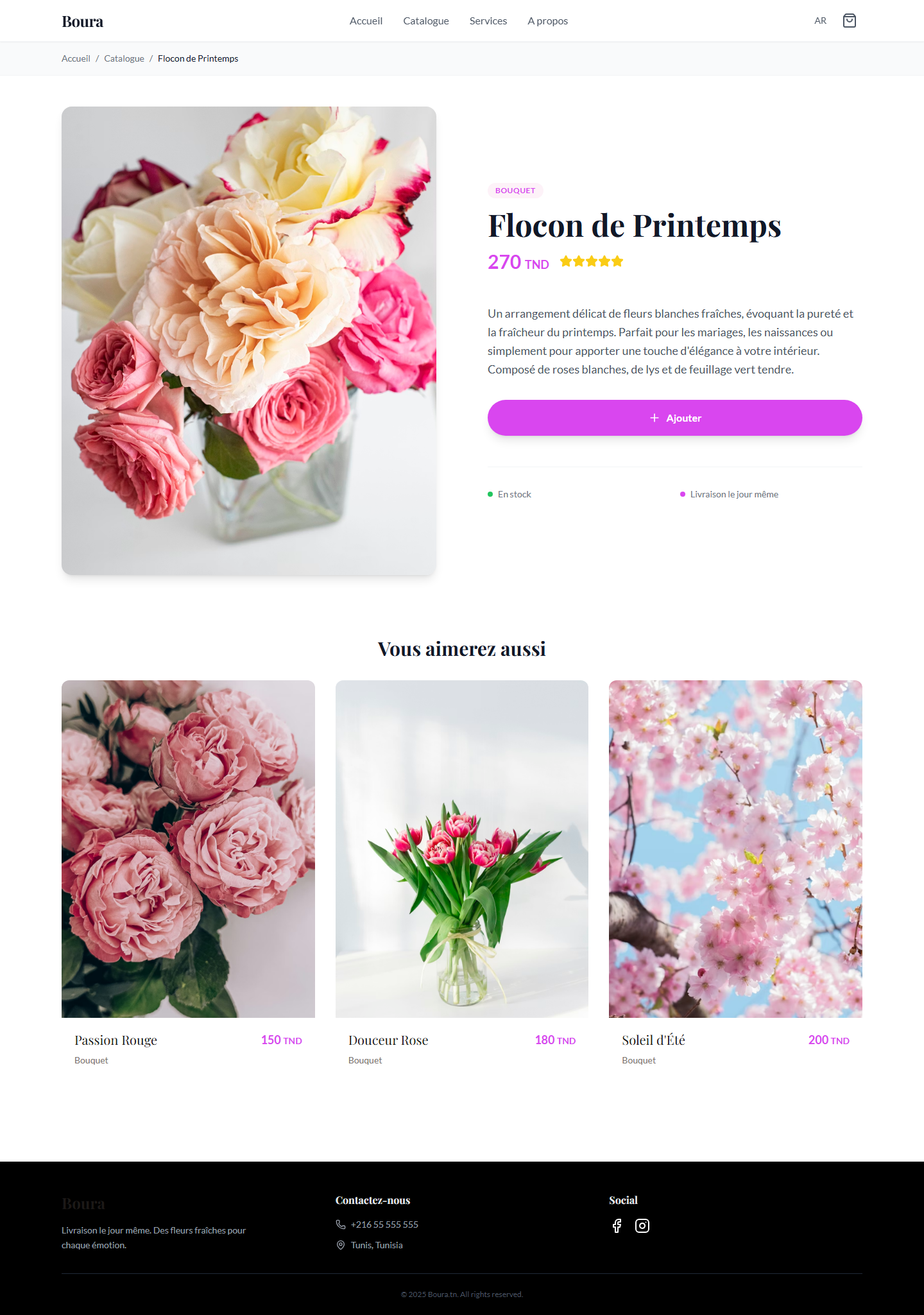 Screenshot of "Flocon de Printemps | Boura" webpage featuring a large image of a bouquet.