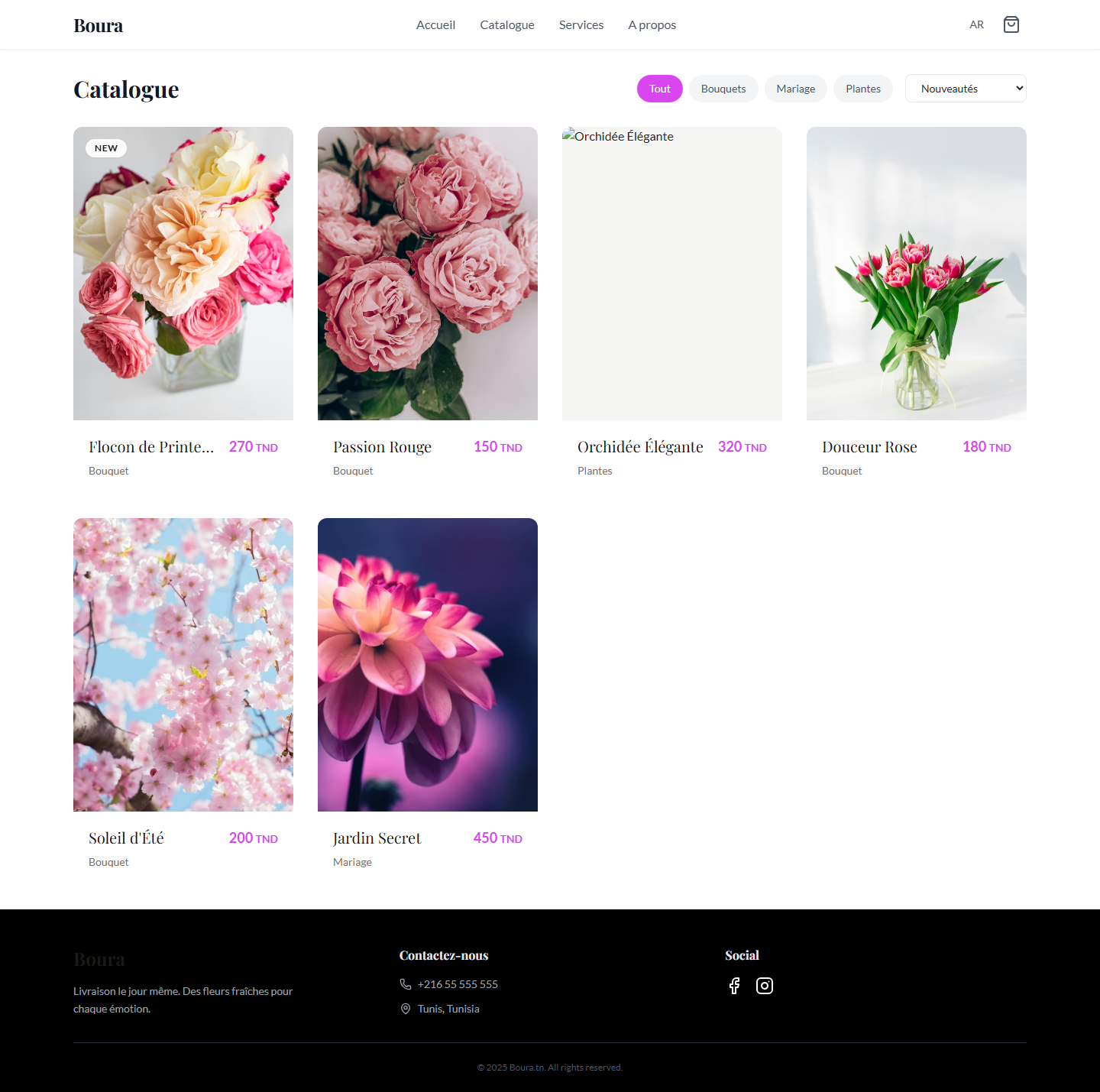 Boura Fleurs & Cadeaux catalogue page: displayed floral arrangements and gift items for browsing.