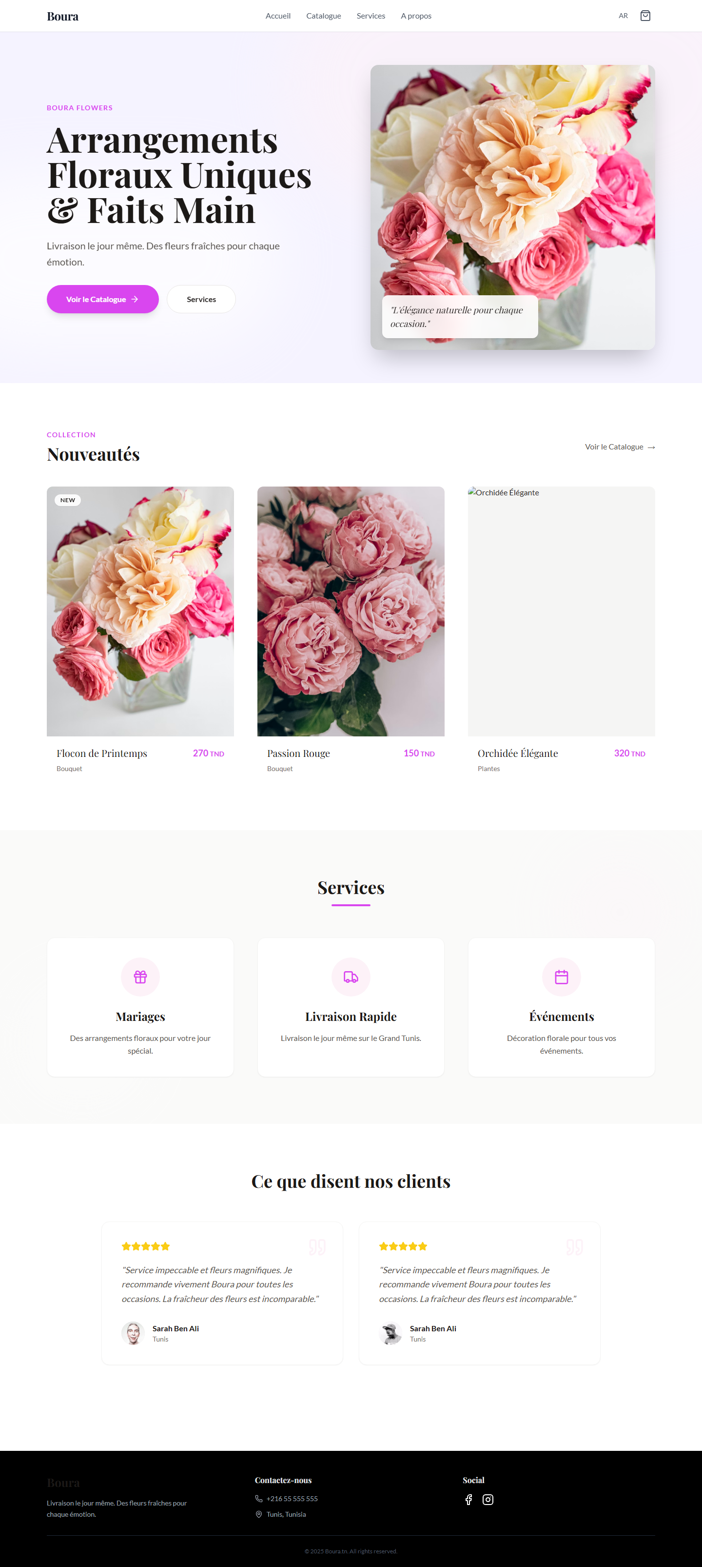 Boura Fleurs & Cadeaux homepage: Floral arrangements, gift boxes, and contact info.