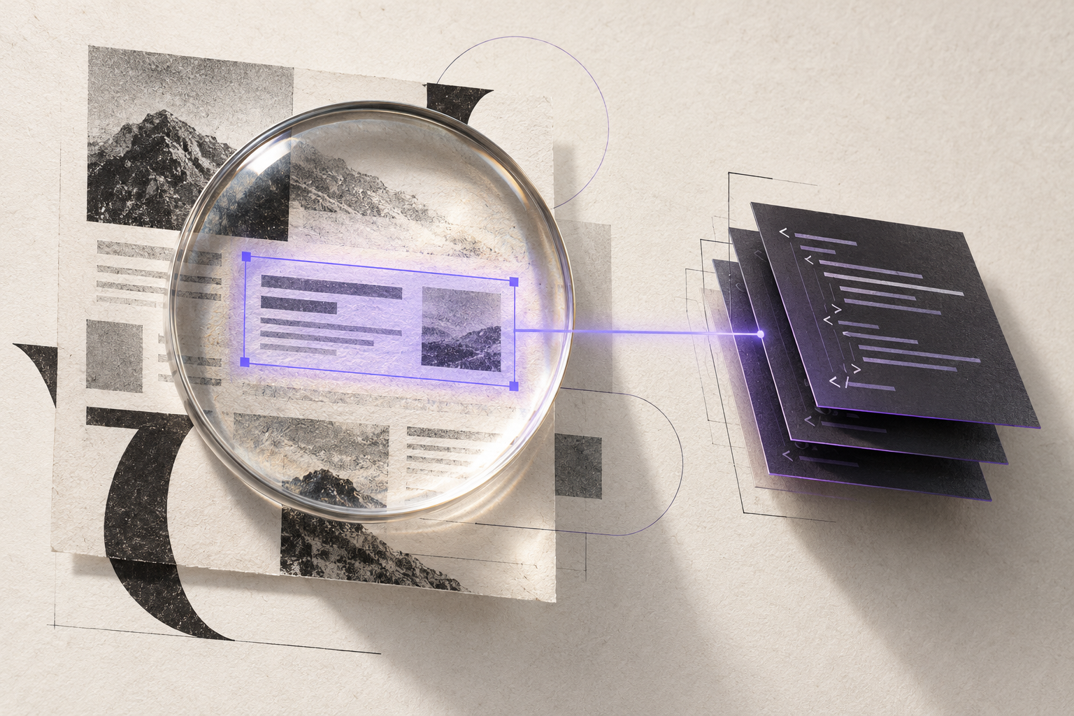 Illustration of a glass lens over a violet-outlined page fragment, connected to stacked charcoal sheets with abstract code marks on textured off-white paper.